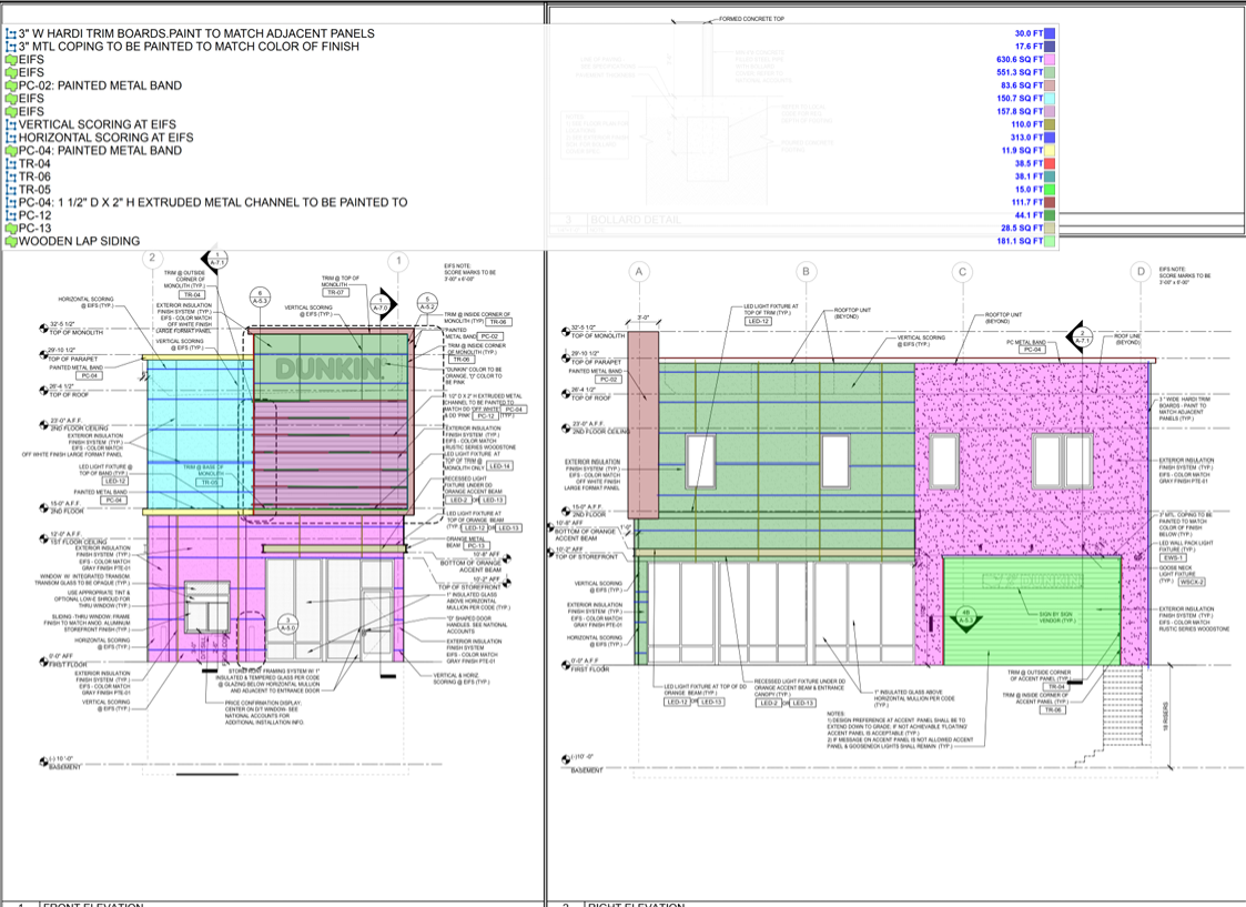 Color-coded plan markup of building elevations